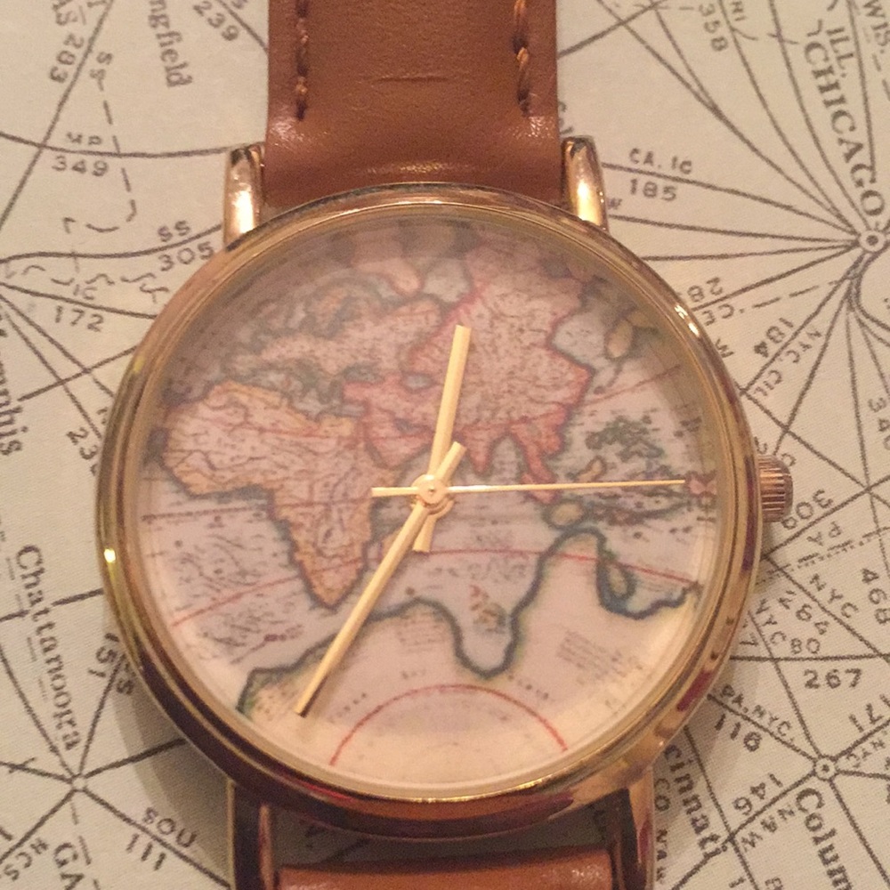 Global Map Leather Band Watch